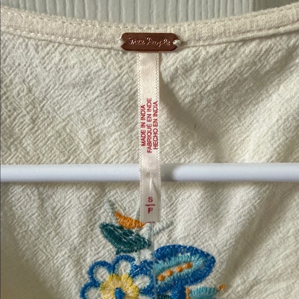 Free People Cream Blouse with Blue Floral Embroidery - Picture 3 of 3